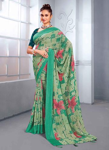 Green Satin Silk Foil Print Trendy Saree