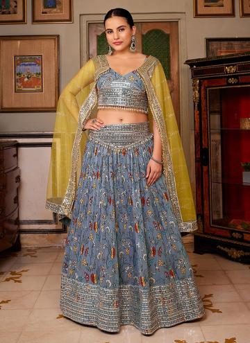 Grey color Embroidered Georgette A Line Lehenga Ch
