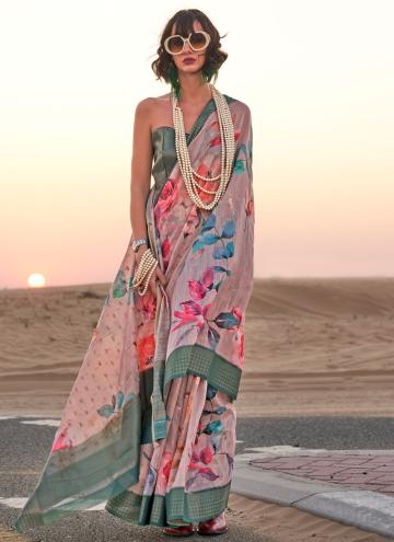 Grey Designer Saree in Linen with Print