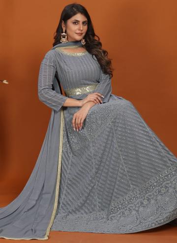 Grey Faux Georgette Embroidered Designer Gown for Festival