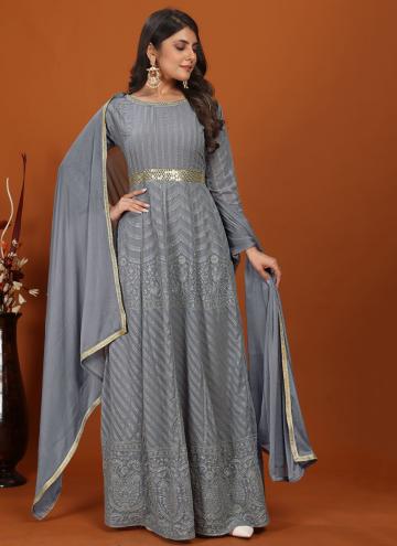 Grey Faux Georgette Embroidered Designer Gown for 
