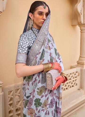 Grey Silk Floral Print Designer Saree for Ceremonial