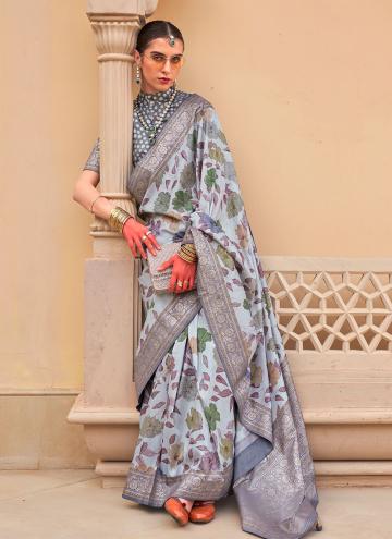 Grey Silk Floral Print Designer Saree for Ceremoni