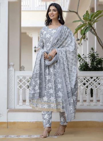 Grey Trendy Salwar Kameez in Cotton  with Floral Print
