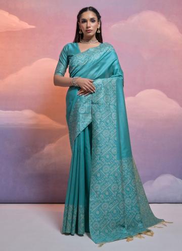 Handloom Silk Designer Saree in Firozi Enhanced with Woven