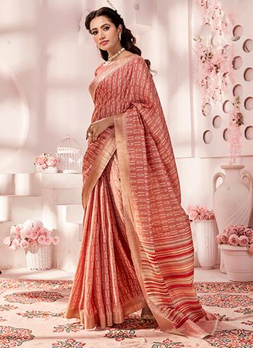 Handloom Silk Traditional Saree in Peach Enhanced with Printed