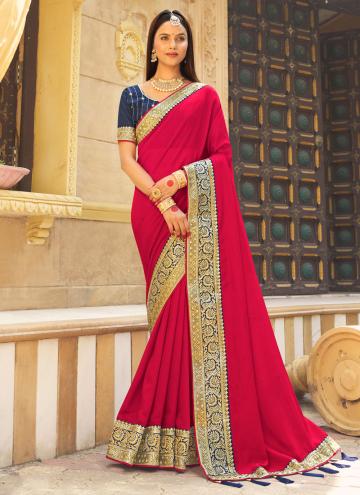Hot Pink color Vichitra Silk Contemporary Saree with Embroidered