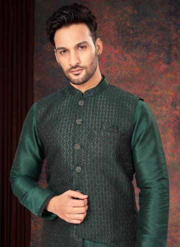 Jacquard Kurta Payjama With Jacket in Green Enhanced with Embroidered