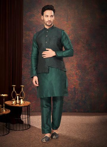Jacquard Kurta Payjama With Jacket in Green Enhanced with Embroidered