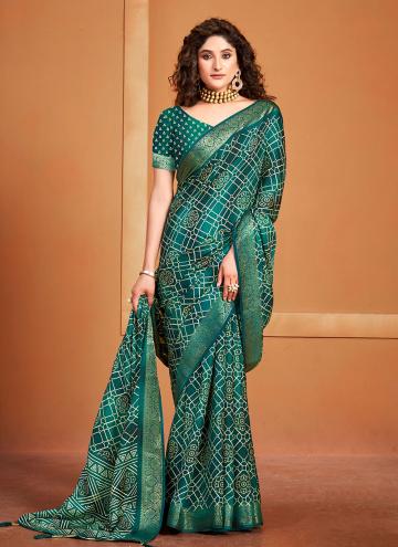Jacquard Silk Trendy Saree in Green Enhanced with Printed