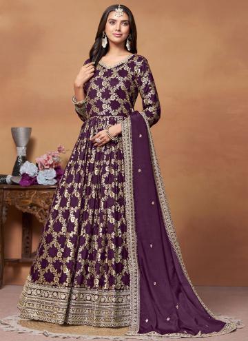 Jacquard Trendy Salwar Kameez in Purple Enhanced with Embroidered