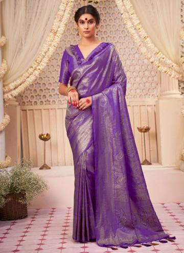 Kanjivaram Silk Contemporary Saree in Purple Enhanced with Woven