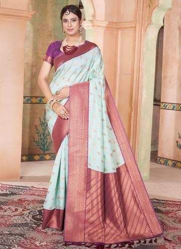 Kanjivaram Silk Designer Saree in Aqua Blue Enhanced with Woven