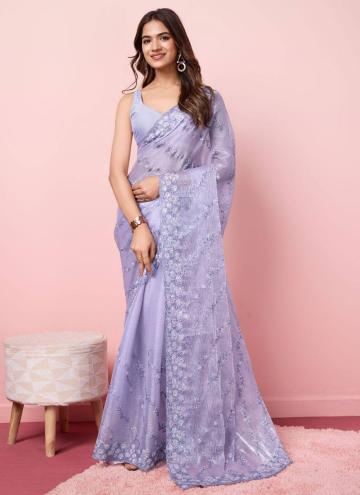 Lavender color Embroidered Silk Classic Designer Saree