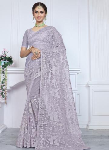 Lavender color Net Trendy Saree with Aari Work