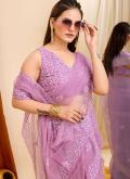 Lavender color Net Trendy Saree with Cutwork - 1
