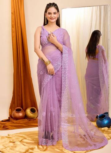 Lavender color Net Trendy Saree with Cutwork