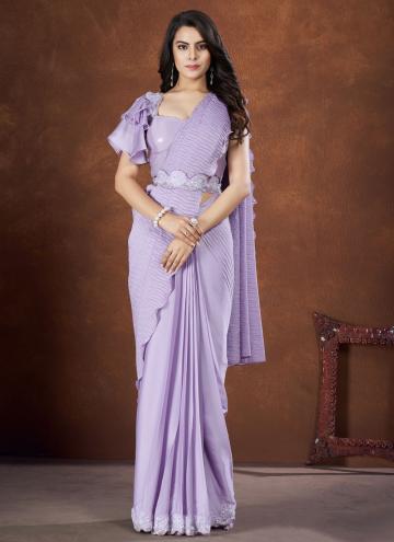 Lavender Crepe Silk Moti Work Classic Designer Saree for Engagement