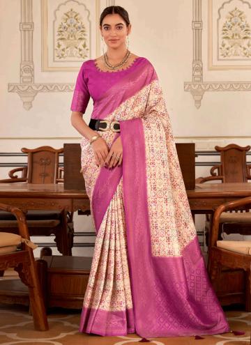 Magenta and Off White Nylon Fancy work Traditional Saree for Festival