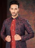 Maroon and Navy Blue Jacquard Fancy work Indo Western - 1