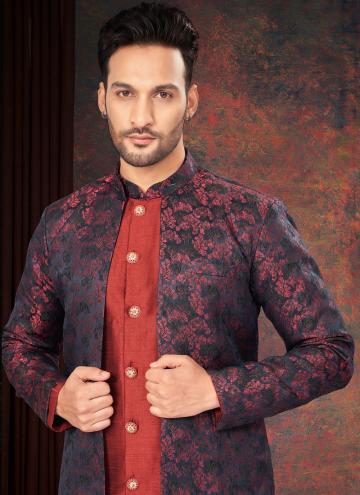 Maroon and Navy Blue Jacquard Fancy work Indo Western