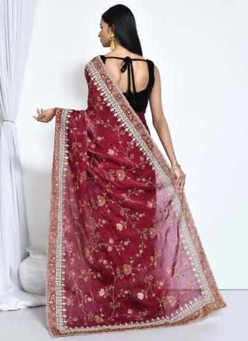 Maroon color Embroidered Satin Silk Trendy Saree