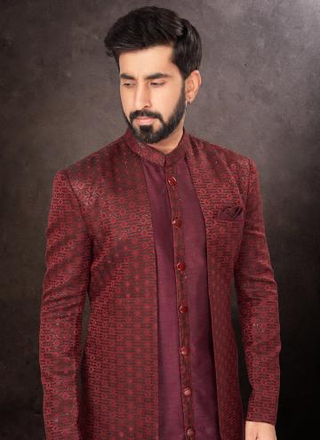 Maroon color Jacquard Indo Western with Fancy work