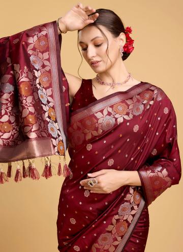 Maroon color Jacquard Work Silk Classic Designer Saree