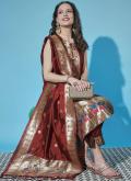 Maroon Cotton Silk Jacquard Work Designer Salwar Kameez for Ceremonial - 3