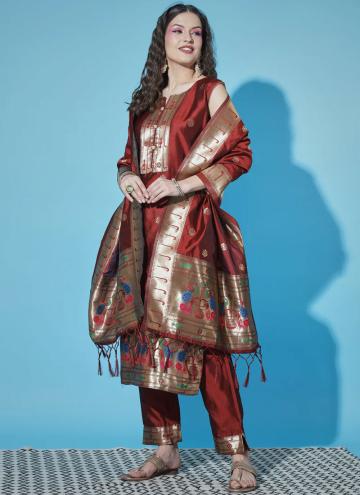 Maroon Cotton Silk Jacquard Work Designer Salwar Kameez for Ceremonial