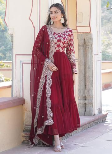 Maroon Designer Gown in Viscose with Embroidered