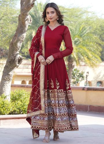 Maroon Faux Georgette Embroidered Gown for Ceremon