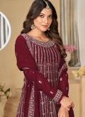 Maroon Faux Georgette Embroidered Trendy Salwar Kameez for Engagement - 3