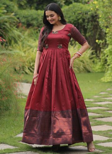 Maroon Readymade Designer Gown in Banarasi Jacquard with Woven