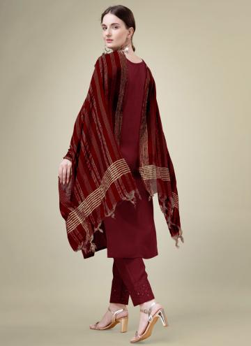 Maroon Trendy Salwar Suit in Blended Cotton with Embroidered
