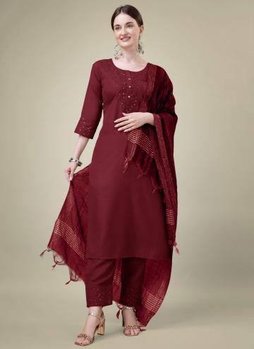 Maroon Trendy Salwar Suit in Blended Cotton with E