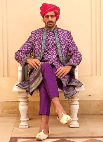 Multi Colour and Purple Silk Foil Print Sherwani