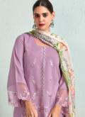 Muslin Designer Salwar Kameez in Lavender Enhanced with Embroidered - 1
