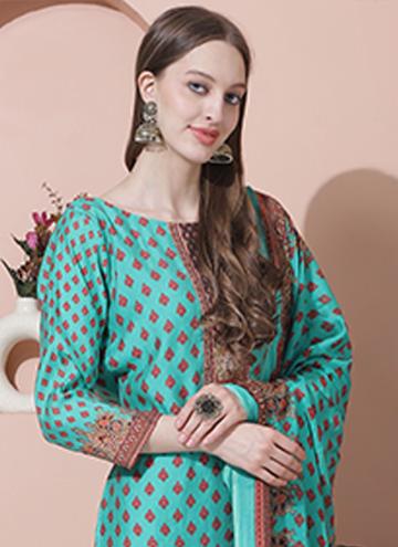 Muslin Designer Salwar Kameez in Sea Green Enhanced with Embroidered