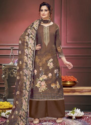 Muslin Salwar Suit in Brown Enhanced with Digital Print
