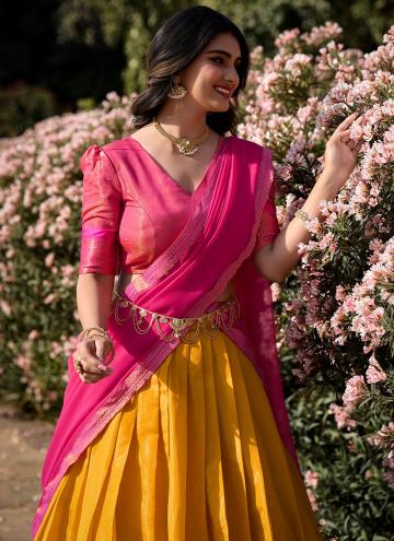 Mustard and Pink color Woven Kanchipuram Silk Lehenga Choli