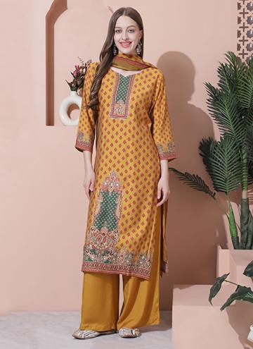 Mustard color Muslin Trendy Salwar Kameez with Embroidered