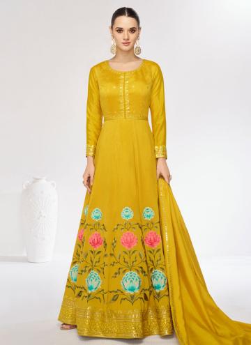 Mustard color Silk Gown with Embroidered
