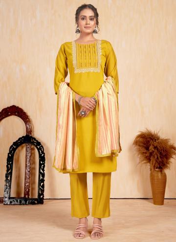 Mustard Designer Salwar Kameez in Silk with Embroi