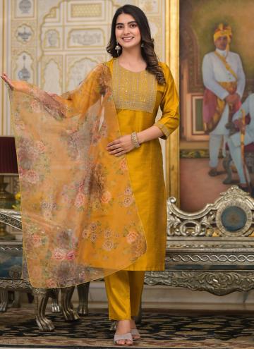 Mustard Poly Silk Embroidered Pant Style Suit for 