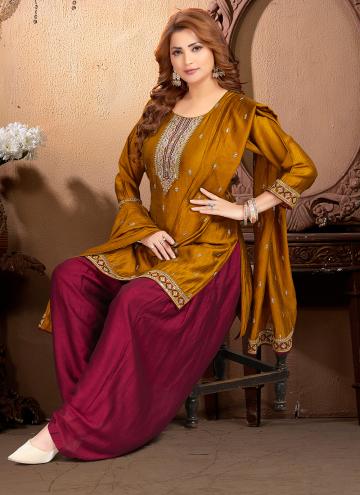 Mustard Salwar Suit in Silk with Embroidered