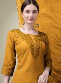 Mustard Trendy Salwar Kameez in Blended Cotton with Embroidered - 4