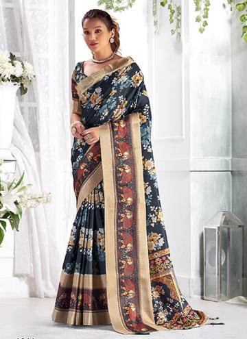 Navy Blue Classic Designer Saree in Giccha Silk with Digital Print