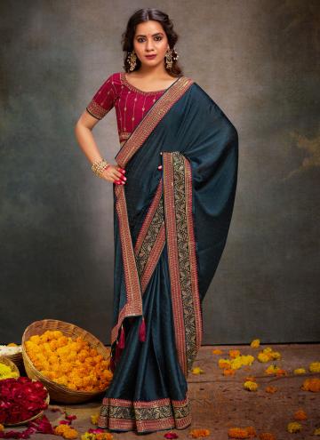 Navy Blue Classic Designer Saree in Satin Silk wit