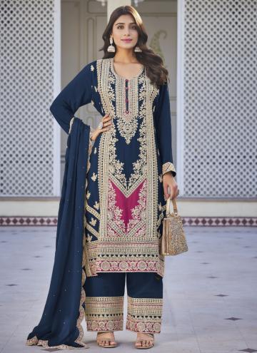 Navy Blue color Embroidered Chinon Trendy Salwar Suit